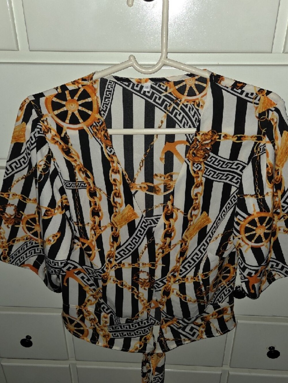 Black & White Striped Chain-Print Wrap Top - Picture 5 of 5